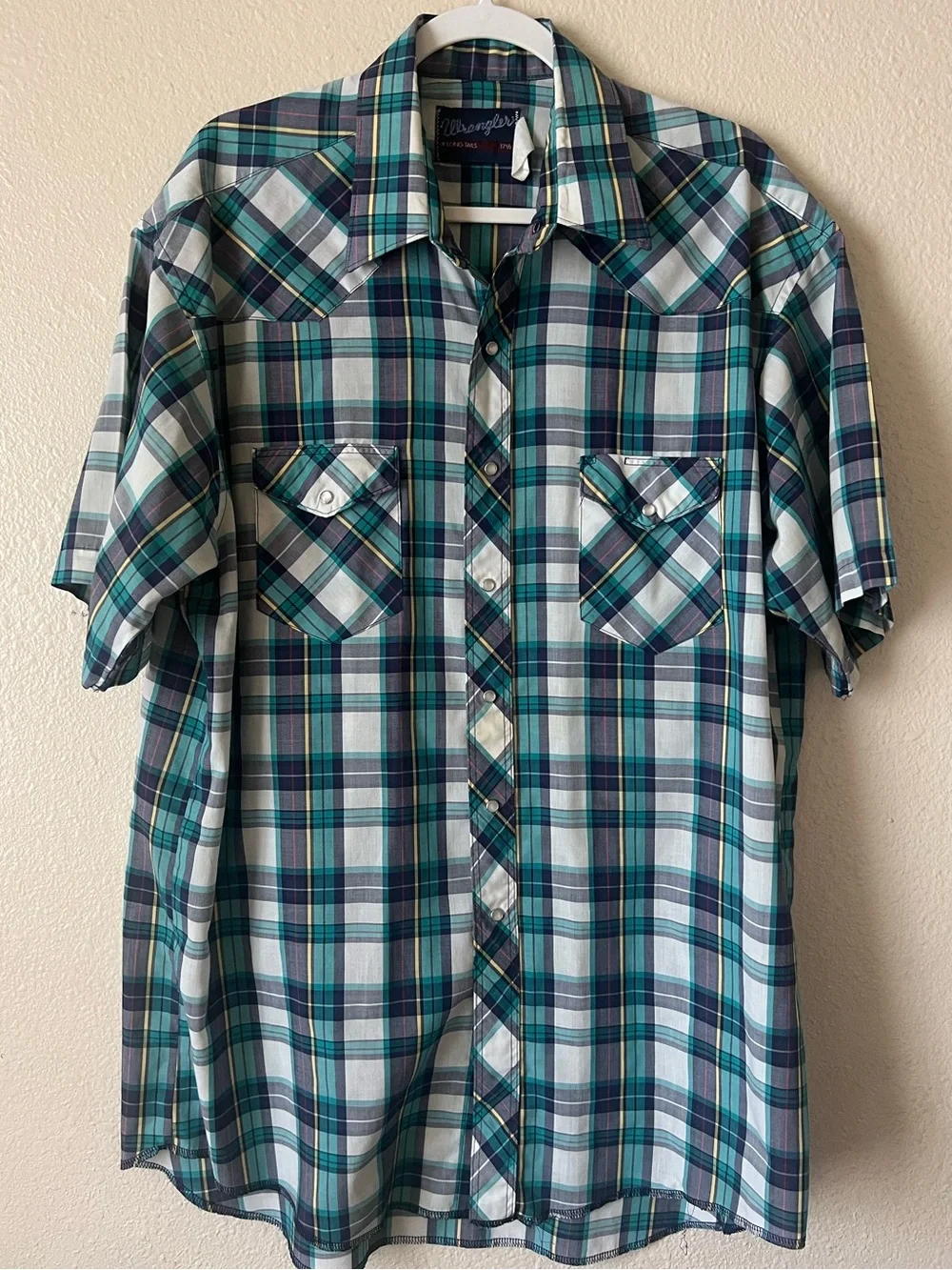 Vintage Wrangler Western Pearl Snap Shirt Mens 17.5 XL Teal Plaid Made in USA